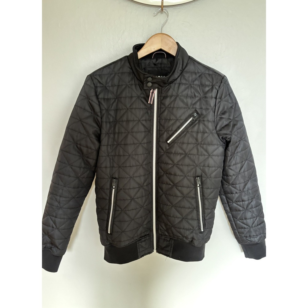 Guess Blk Quilted Bomber Jacket Zip Pockets Moto Blade Mens S Rock Indie 90's